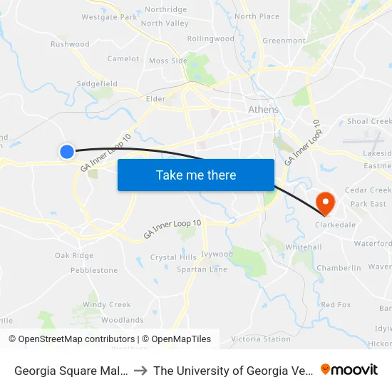 Georgia Square Mall at Marilyn Farmer to The University of Georgia Veterinary Teaching Hospital map