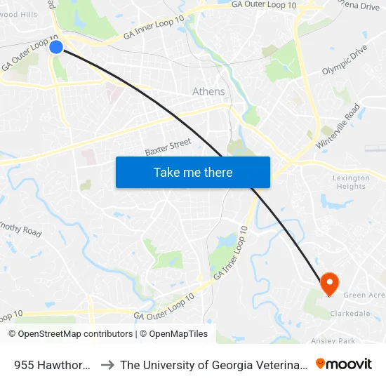 955 Hawthorne Avenue to The University of Georgia Veterinary Teaching Hospital map