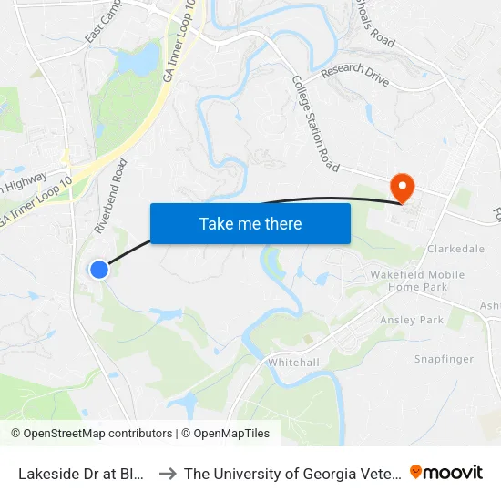 Lakeside Dr at Bldg A 2nd Stop Ib to The University of Georgia Veterinary Teaching Hospital map