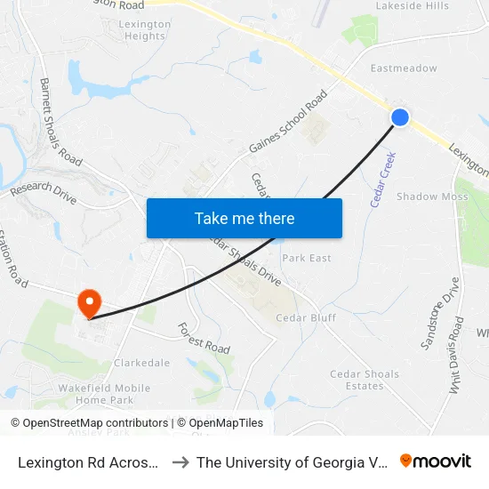 Lexington Rd Across From Cooper Rd Ob to The University of Georgia Veterinary Teaching Hospital map