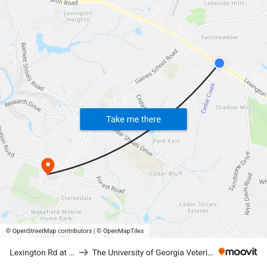 Lexington Rd at Cooper Rd Ib to The University of Georgia Veterinary Teaching Hospital map