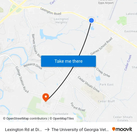 Lexington Rd at Diversion Center Ib to The University of Georgia Veterinary Teaching Hospital map