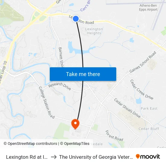 Lexington Rd at Indiana Ave Ob to The University of Georgia Veterinary Teaching Hospital map