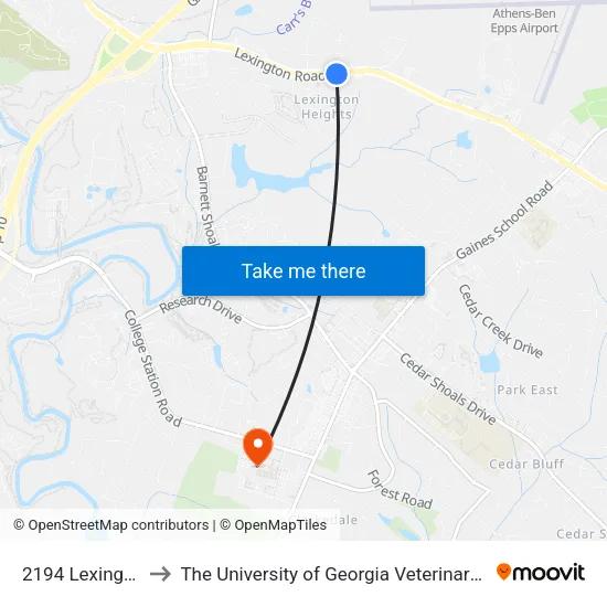 2194 Lexington Road to The University of Georgia Veterinary Teaching Hospital map