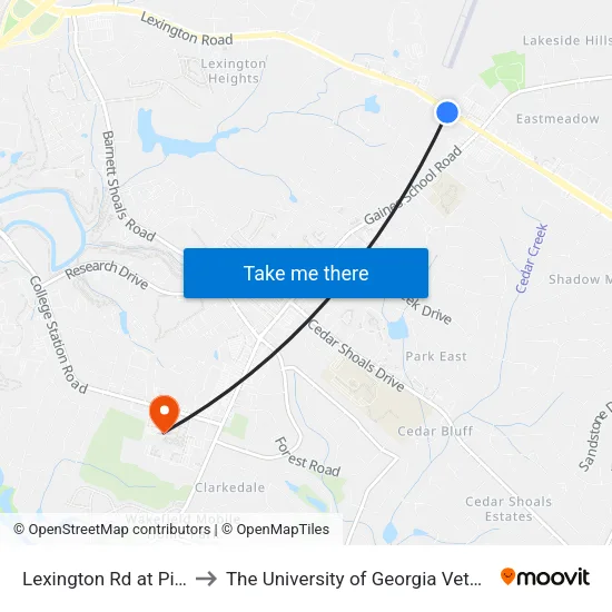 Lexington Rd at Pinnacle Bank Ob to The University of Georgia Veterinary Teaching Hospital map