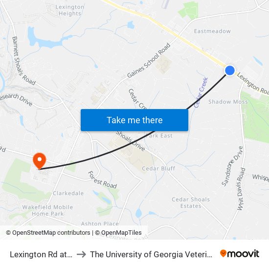 Lexington Rd at Reed St Ob to The University of Georgia Veterinary Teaching Hospital map