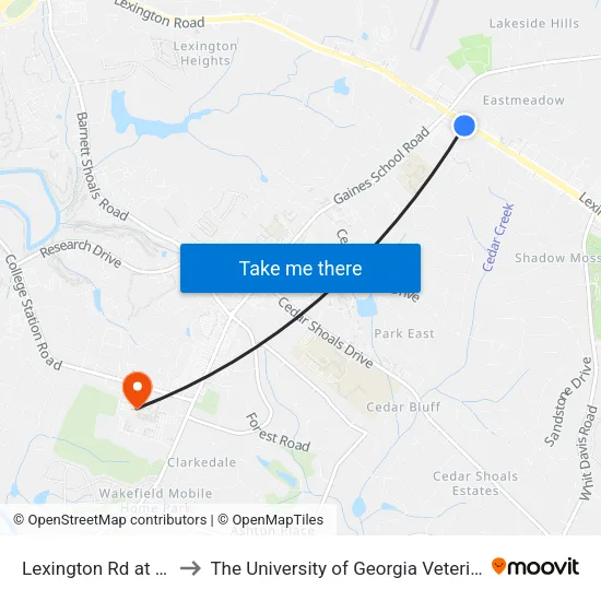 Lexington Rd at Willowood Ob to The University of Georgia Veterinary Teaching Hospital map
