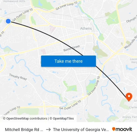 Mitchell Bridge Rd at Tallassee Rd Ob to The University of Georgia Veterinary Teaching Hospital map