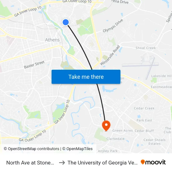 North Ave at Stonecrest Apartments Ib to The University of Georgia Veterinary Teaching Hospital map