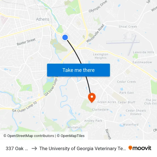 337 Oak Street to The University of Georgia Veterinary Teaching Hospital map