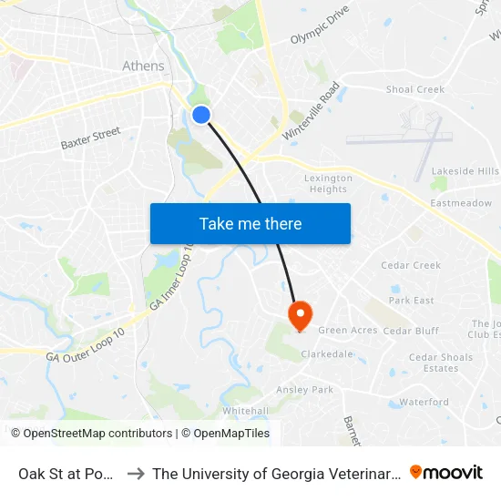 Oak St at Poplar St Ob to The University of Georgia Veterinary Teaching Hospital map