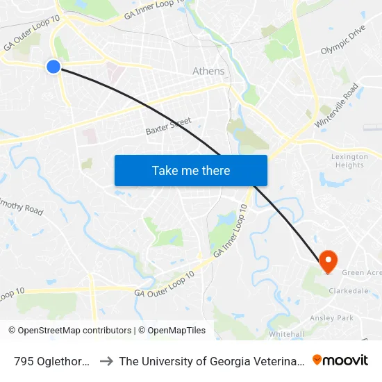 795 Oglethorpe Avenue to The University of Georgia Veterinary Teaching Hospital map