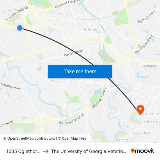 1005 Oglethorpe Avenue to The University of Georgia Veterinary Teaching Hospital map