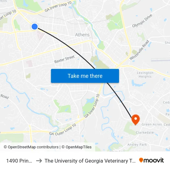 1490 Prince Ave to The University of Georgia Veterinary Teaching Hospital map