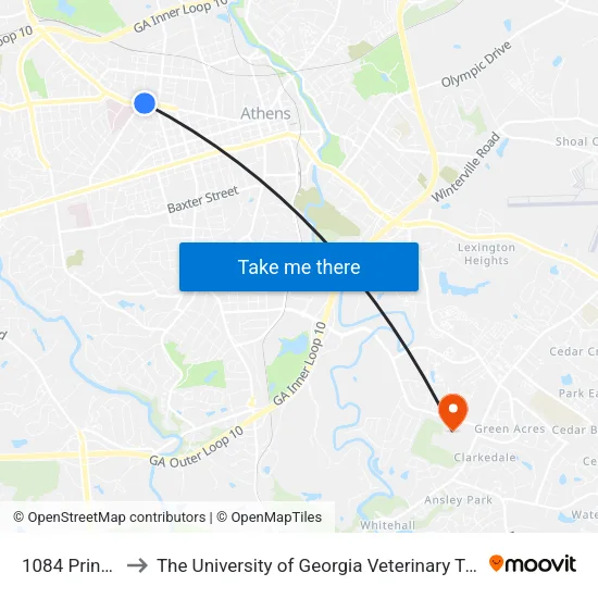 1084 Prince Ave to The University of Georgia Veterinary Teaching Hospital map