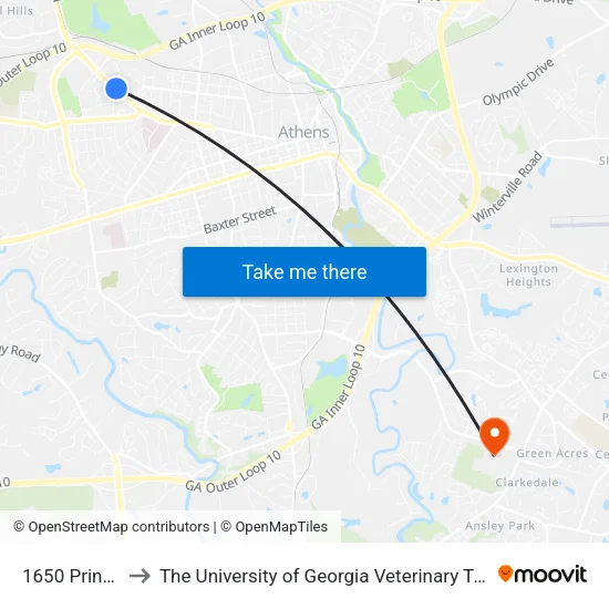 1650 Prince Ave to The University of Georgia Veterinary Teaching Hospital map