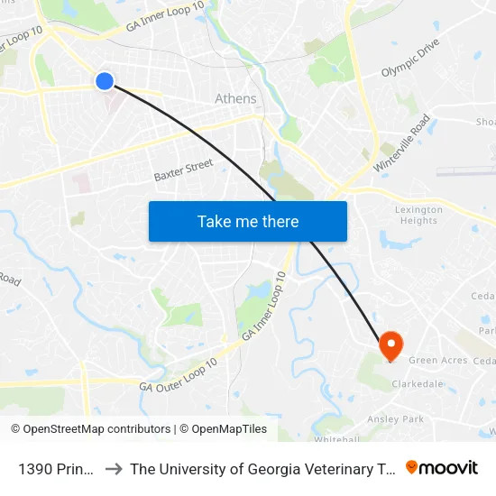 1390 Prince Ave to The University of Georgia Veterinary Teaching Hospital map
