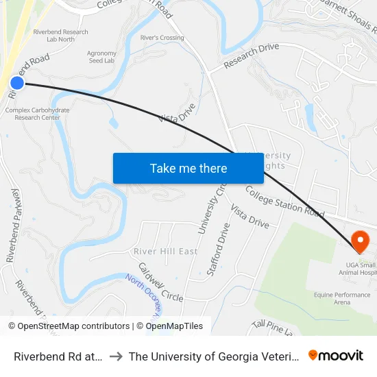 Riverbend Rd at Ccrc Bldg Ib to The University of Georgia Veterinary Teaching Hospital map