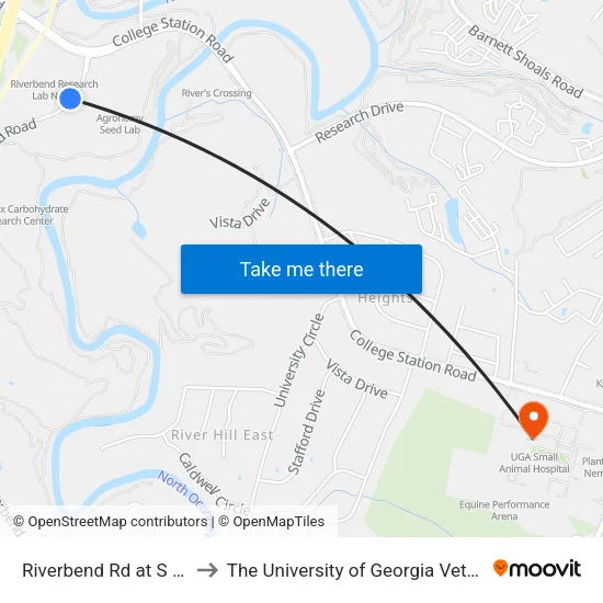 Riverbend Rd at S Research Lab Ob to The University of Georgia Veterinary Teaching Hospital map