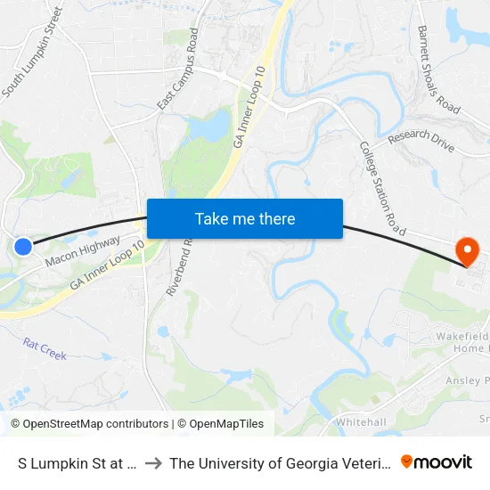 S Lumpkin St at Cemetery Ob to The University of Georgia Veterinary Teaching Hospital map
