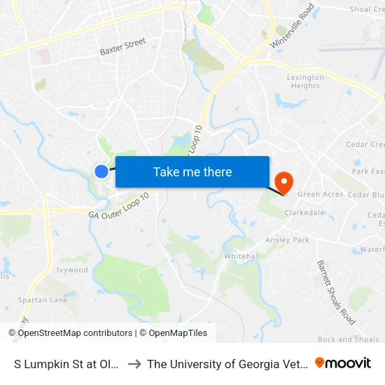 S Lumpkin St at Old Princeton Rd Ob to The University of Georgia Veterinary Teaching Hospital map
