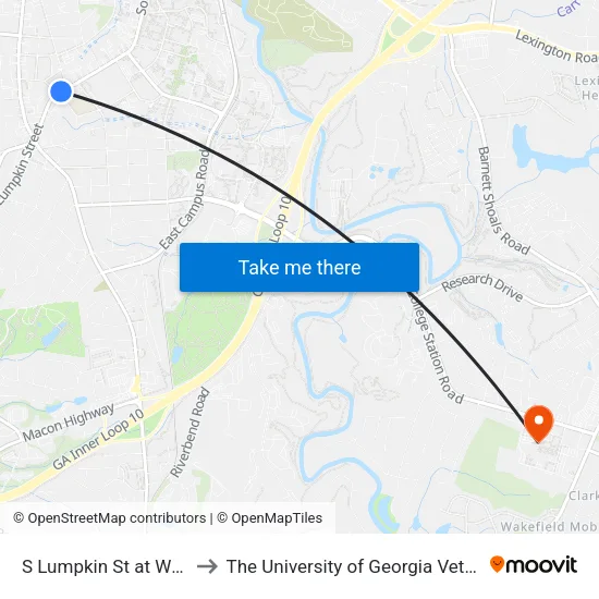 S Lumpkin St at W Rutherford St Ob to The University of Georgia Veterinary Teaching Hospital map