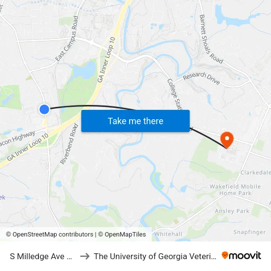 S Milledge Ave at Davis St Ob to The University of Georgia Veterinary Teaching Hospital map