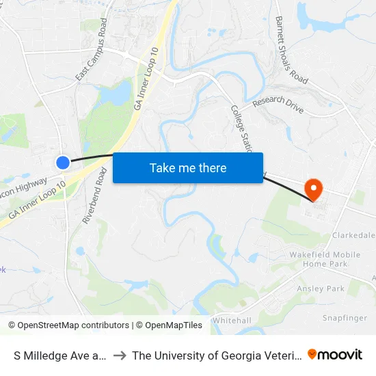 S Milledge Ave at Argo Apts Ib to The University of Georgia Veterinary Teaching Hospital map