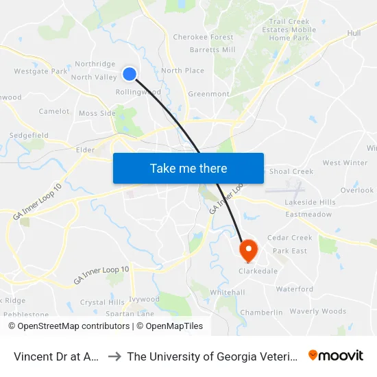 Vincent Dr at Acadia Way Ib to The University of Georgia Veterinary Teaching Hospital map