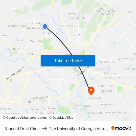 Vincent Dr at Chesterton Way Ib to The University of Georgia Veterinary Teaching Hospital map
