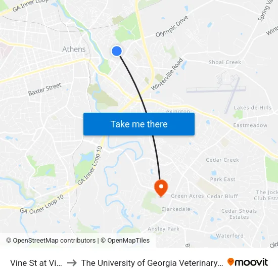 Vine St at Vine Cir Ib to The University of Georgia Veterinary Teaching Hospital map