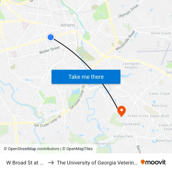 W Broad St at Church St Ib to The University of Georgia Veterinary Teaching Hospital map