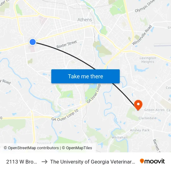 2113 W Broad Street to The University of Georgia Veterinary Teaching Hospital map
