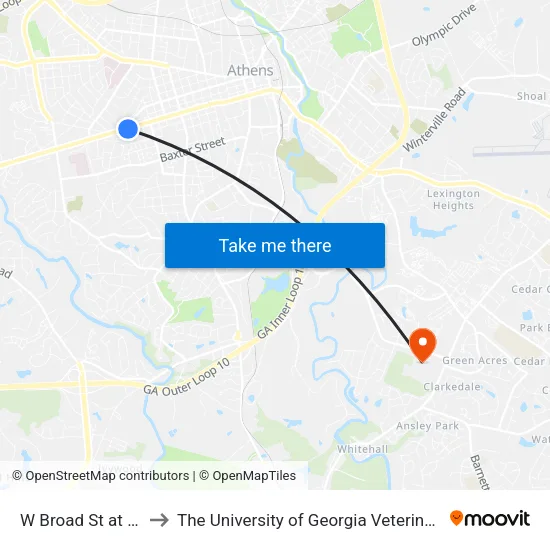 W Broad St at Minor St Ib to The University of Georgia Veterinary Teaching Hospital map
