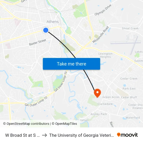 W Broad St at S Newton St Ib to The University of Georgia Veterinary Teaching Hospital map