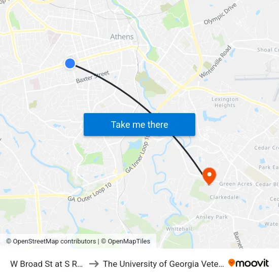 W Broad St at S Rocksprings St Ib to The University of Georgia Veterinary Teaching Hospital map