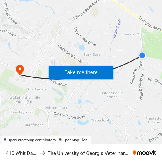 410 Whit Davis Road to The University of Georgia Veterinary Teaching Hospital map