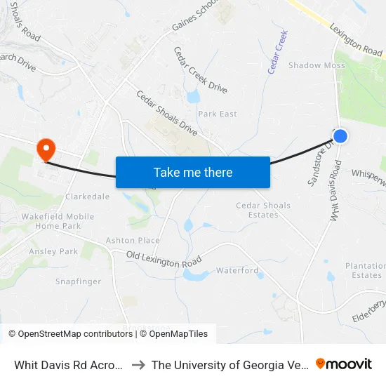Whit Davis Rd Across From Pettit Ln Ib to The University of Georgia Veterinary Teaching Hospital map