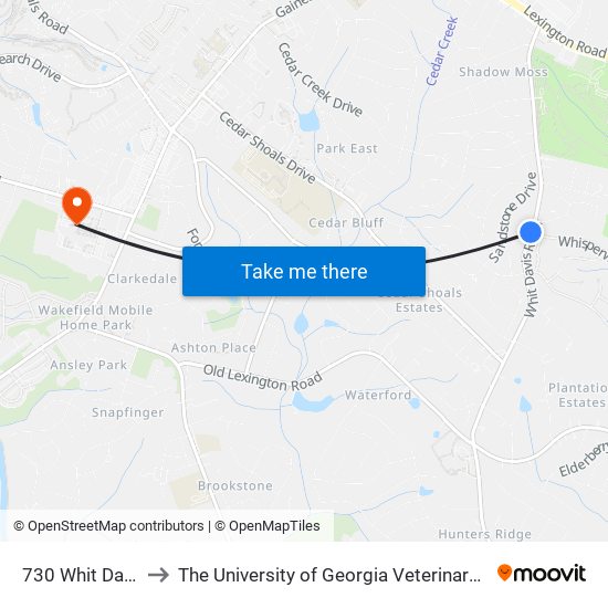 730 Whit Davis Road to The University of Georgia Veterinary Teaching Hospital map