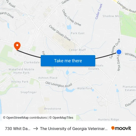 730 Whit Davis Road to The University of Georgia Veterinary Teaching Hospital map