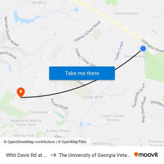 Whit Davis Rd at Firewood Ct Ib to The University of Georgia Veterinary Teaching Hospital map