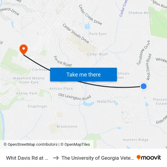Whit Davis Rd at Honey Tree Dr Ib to The University of Georgia Veterinary Teaching Hospital map