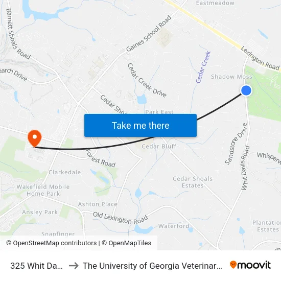 325 Whit Davis Road to The University of Georgia Veterinary Teaching Hospital map