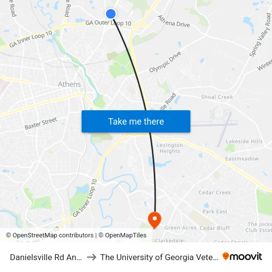 Danielsville Rd And Collins Ind Ob to The University of Georgia Veterinary Teaching Hospital map
