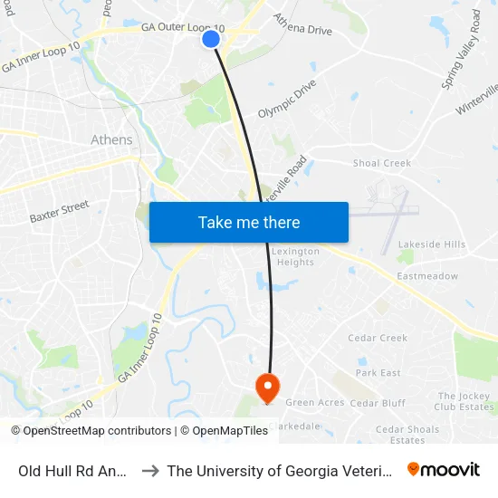 Old Hull Rd And Oak Hill Ob to The University of Georgia Veterinary Teaching Hospital map