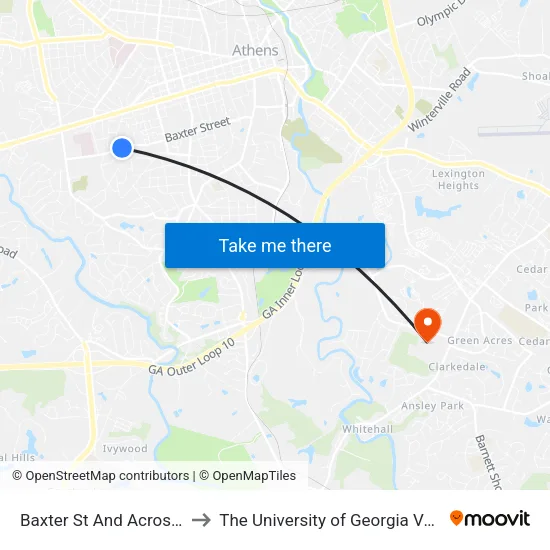 Baxter St And Across From Baxter Dr Ob to The University of Georgia Veterinary Teaching Hospital map