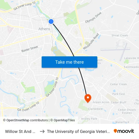 Willow St And North Ave Ob to The University of Georgia Veterinary Teaching Hospital map