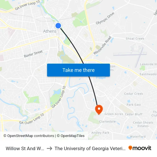 Willow St And Whistlebury Ob to The University of Georgia Veterinary Teaching Hospital map