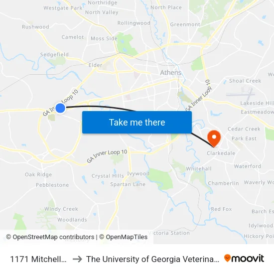 1171 Mitchell Bridge Rd to The University of Georgia Veterinary Teaching Hospital map