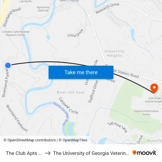 The Club Apts 2nd Stop Ib to The University of Georgia Veterinary Teaching Hospital map